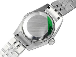 Back view of the Lady-Datejust 28 Stainless Steel on Jubilee bracelet, showcasing the fluted bezel and stainless steel case.