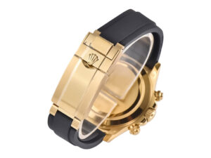 Cosmograph Daytona Yellow Gold Oysterflex with Champagne Dial, showcasing the clasp and back of the luxurious timepiece.