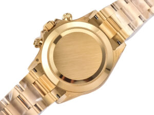 Back view of the Cosmograph Daytona Yellow Gold watch, showcasing its polished gold case and bracelet links.
