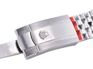 Close-up of the clasp on a Datejust 36 Stainless Steel Jubilee bracelet, showcasing the iconic logo and polished finish.