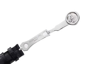 Calatrava Stainless Steel clasp with engraved logo, attached to a black leather strap for 38mm Silver Guilloche Dial watch.