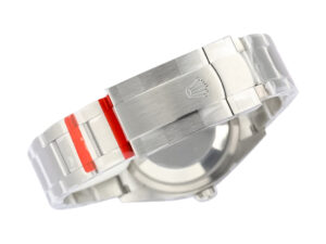 Oyster Perpetual 36 Stainless Steel watch clasp featuring a brushed finish, iconic logo engraving, and polished edges.