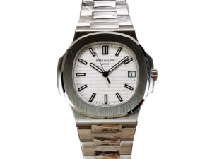 Nautilus Stainless Steel Watch with White Dial, featuring a sleek design, bold hour markers, and stainless steel bracelet.