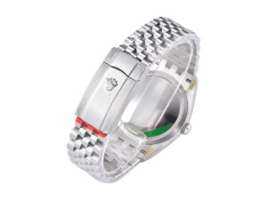 Back view of Datejust 41 Stainless Steel Jubilee bracelet, showcasing clasp with logo, closure mechanism, caseback details.