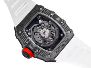 RM 35-02 Rafa watch with black bezel, red markers, visible mechanics, and white rubber strap (49mm) on product page.