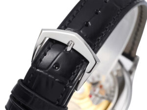 Close-up of the buckle and black leather strap of the Calatrava Stainless Steel watch with a visible hint of the case back.