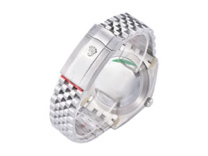 Back view of the Datejust 41 Stainless Steel on Jubilee bracelet, showcasing clasp with Rolex logo and fluted bezel design.
