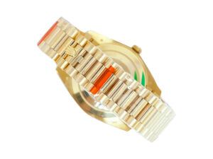 Day-Date 40 Yellow Gold ‘President’ watch with a fluted bezel and bracelet, displayed showing the back case.