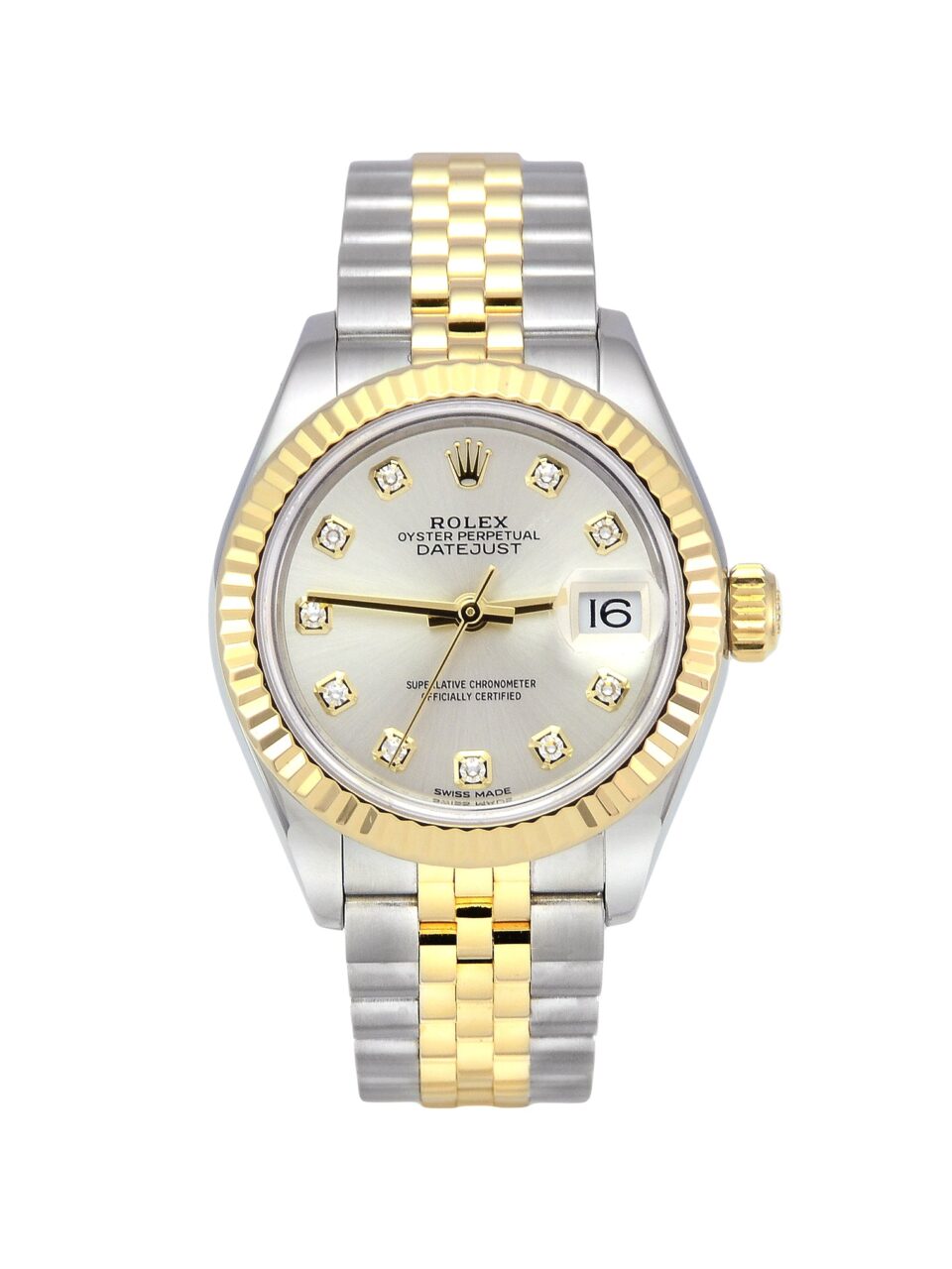Lady-Datejust 28 two-tone yellow gold watch on Jubilee bracelet with diamond silver dial and fluted bezel displayed face up.