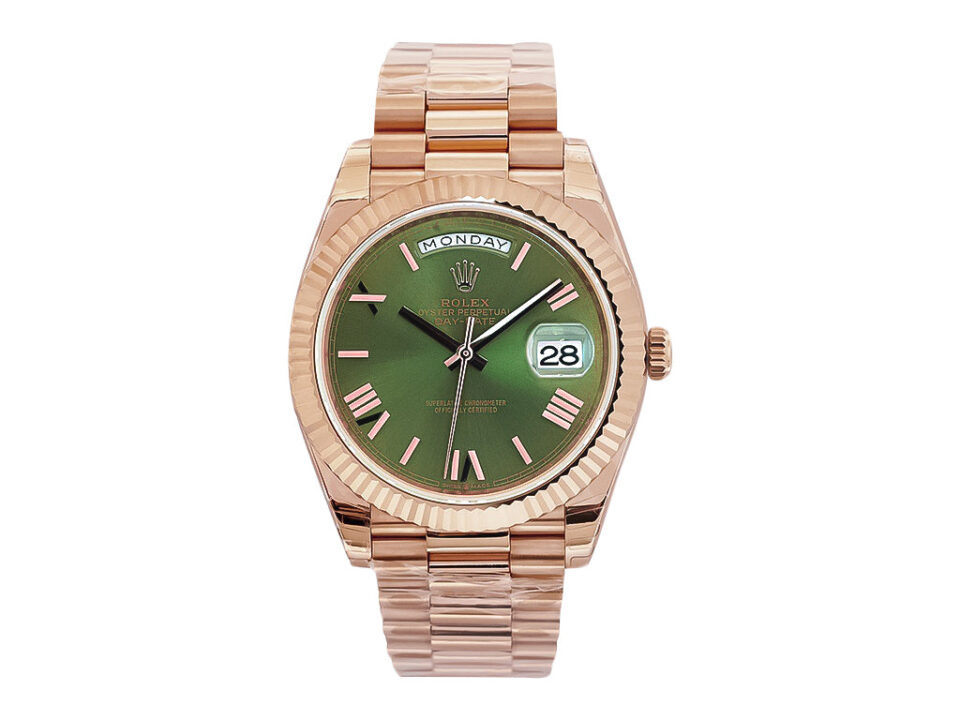 Day-Date 40 Rose Gold 'President' watch with Olive Dial, Roman numerals, and Fluted Bezel displayed on a product page.