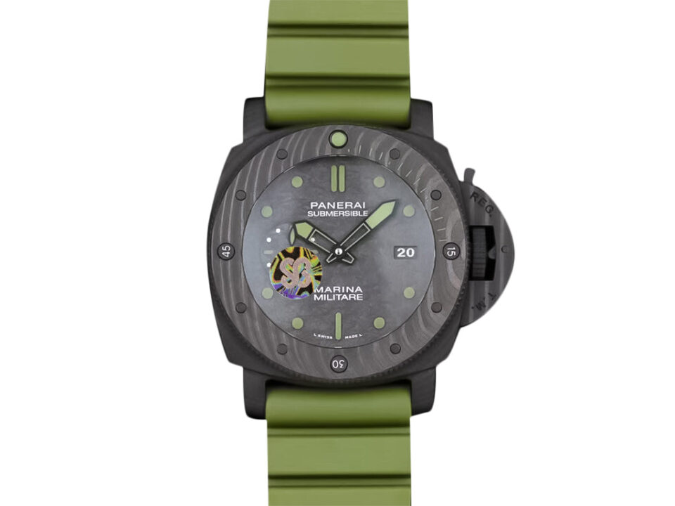 Luminor Submersible 47 Marina Militare Carbotech watch with carbon case, green strap, and military-inspired dial design.