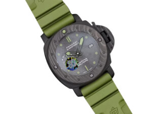 Luminor Submersible 47 Marina Militare Carbotech watch with forged carbon case, bezel, and green rubber strap.