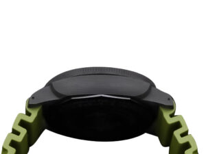Side view of the Luminor Submersible 47 Marina Militare Carbotech watch with a forged carbon case and green strap.