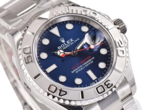 Yacht-Master Two Tone Platinum watch with 40mm case, blue dial, luminous markers, and stainless steel bracelet.