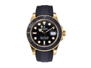 Yacht-Master 42mm in yellow gold with a black dial, ceramic bezel, and Oysterflex bracelet displayed on a product page.