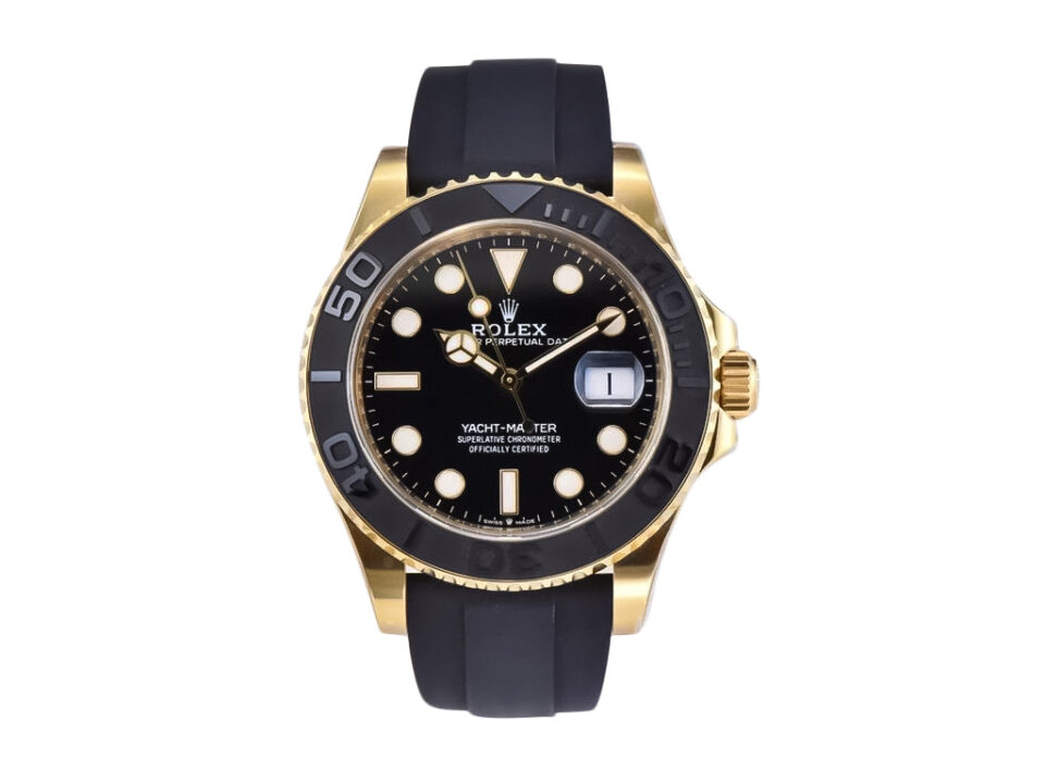 Yacht-Master 42mm in yellow gold with a black dial, ceramic bezel, and Oysterflex bracelet displayed on a product page.