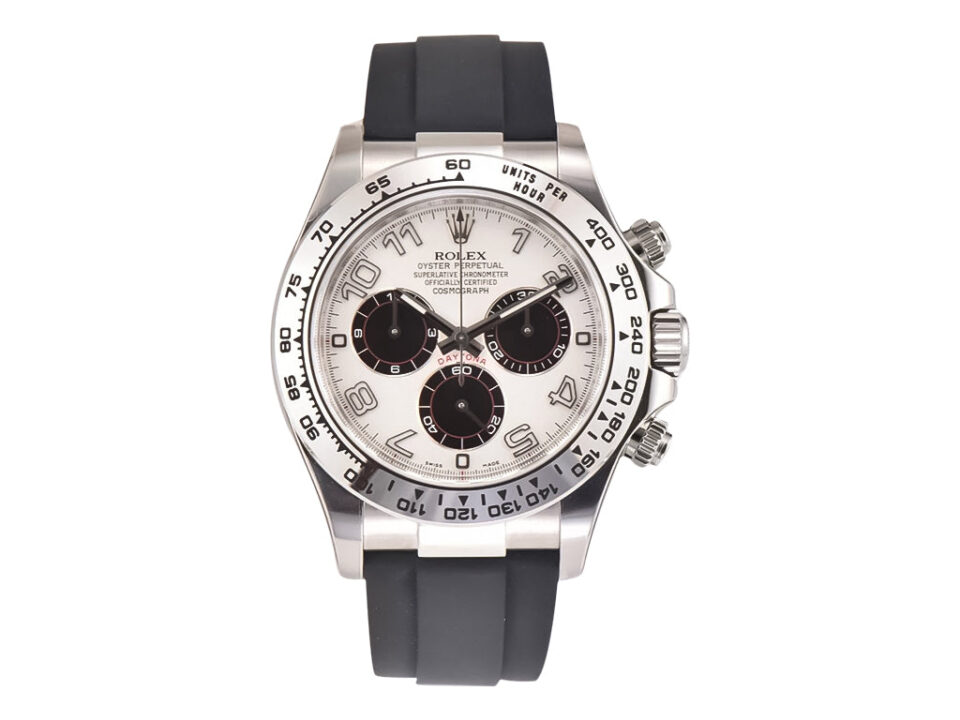 Cosmograph Daytona in white gold with a white racing dial, black sub-dials, and Oysterflex bracelet displayed on the product page.