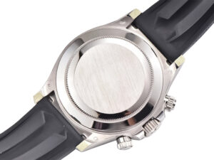 Back view of the Cosmograph Daytona White Gold Oysterflex with a brushed metal caseback and black rubber strap.