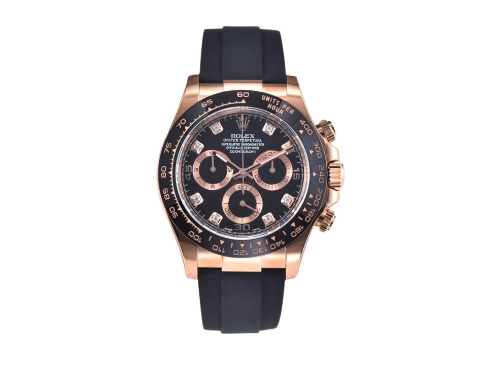 Alt text: Cosmograph Daytona Rose Gold Oysterflex with Black Dial, featuring a sleek black strap and rose gold accents.