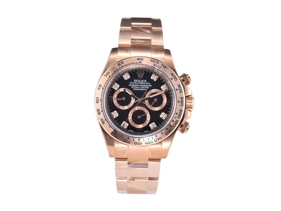 Cosmograph Daytona Rose Gold watch with a black diamond-studded dial and rose gold bracelet displayed upright.