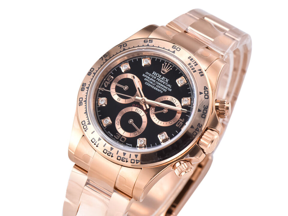 Cosmograph Daytona Rose Gold, Black Dial, Diamond Markers, Rose Gold Case & Bracelet.