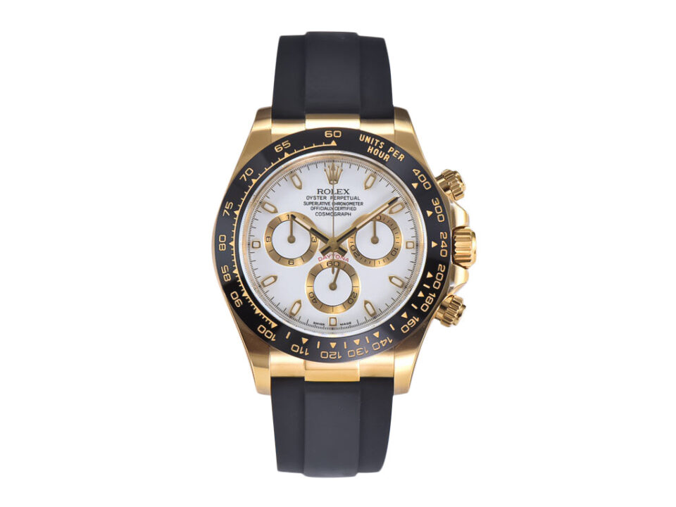 Cosmograph Daytona Yellow Gold watch with white dial and black Oysterflex strap displayed on a product page.