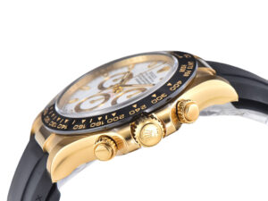 Cosmograph Daytona in yellow gold with white dial, black Oysterflex strap, and detailed side view of bezel controls.