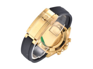 Rear view of the Cosmograph Daytona Yellow Gold Oysterflex watch showcasing its gold clasp and black rubber strap.