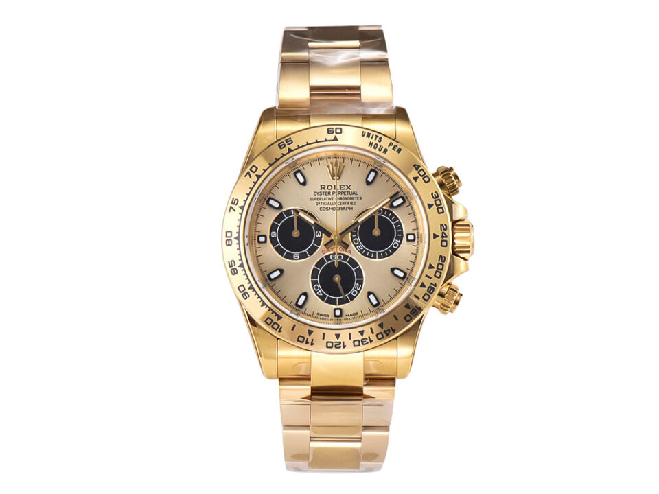 Cosmograph Daytona Yellow Gold, Champagne Dial, Black Subdials, Polished Gold Bracelet, Front View Display.