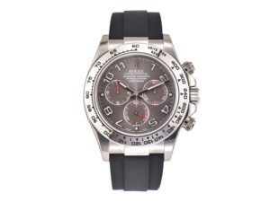 Cosmograph Daytona White Gold Oysterflex with Grey Racing Dial showcasing a sleek design on a black rubber strap.