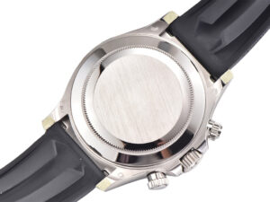 Back view of the Cosmograph Daytona White Gold Oysterflex watch featuring a brushed metal case and black rubber strap.