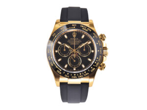 Cosmograph Daytona Yellow Gold Oysterflex with Black Dial, featuring a gold case, black bezel, and rubber strap.