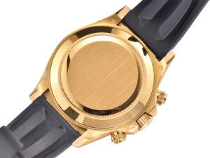 Back view of the Cosmograph Daytona Yellow Gold Oysterflex with a polished gold case and black rubber strap.