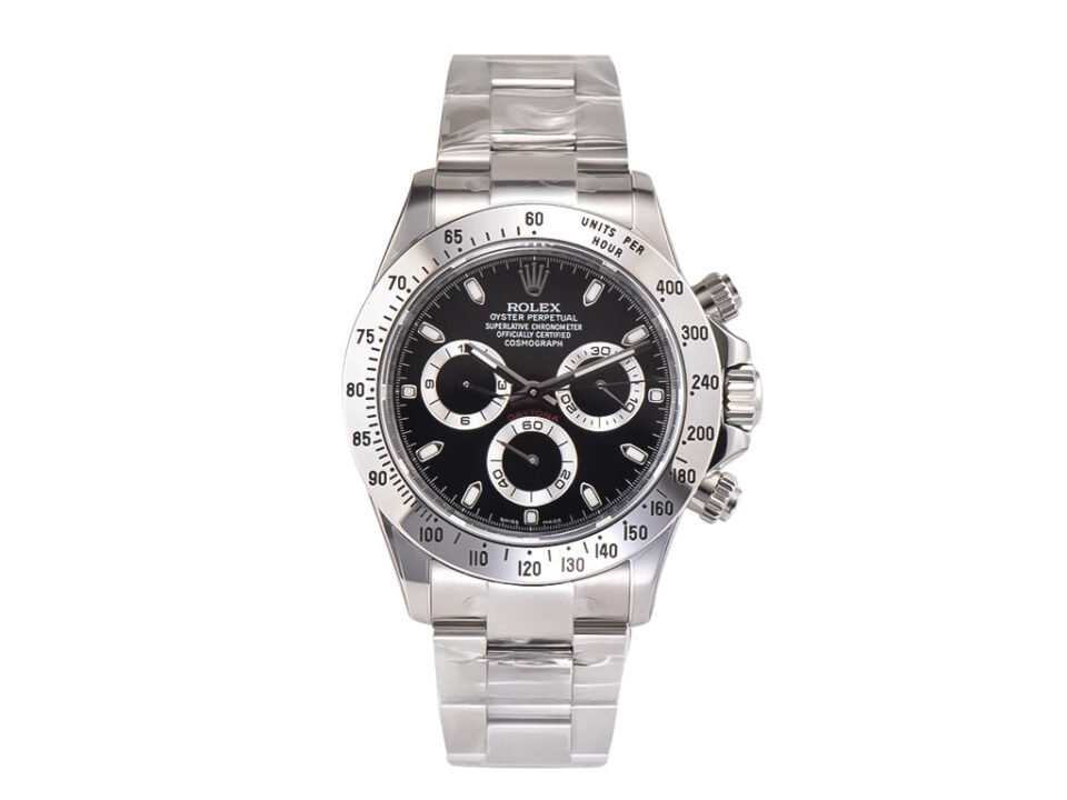Cosmograph Daytona Stainless Steel watch with a black dial, silver bezel, and stainless steel bracelet displayed upright.