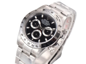 Cosmograph Daytona Stainless Steel watch with a black dial, three subdials, and steel bracelet showcased at an angle.