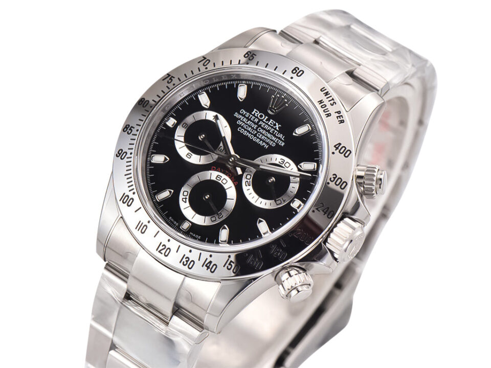 Cosmograph Daytona Stainless Steel watch with a black dial, three subdials, and steel bracelet showcased at an angle.
