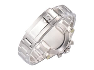 Back view of the Cosmograph Daytona Stainless Steel watch, showcasing its clasp and polished bracelet details.