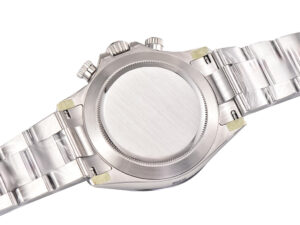 Back view of Cosmograph Daytona Stainless Steel watch displaying its polished metal caseback and stainless steel bracelet.
