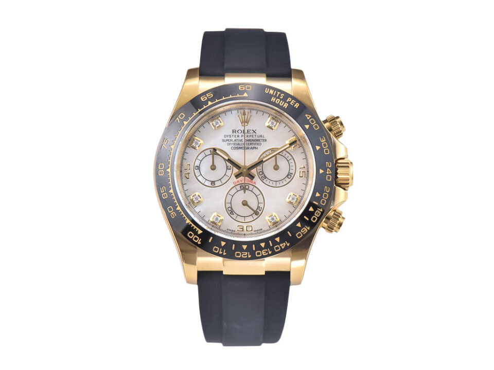 Cosmograph Daytona watch in yellow gold with a white mother of pearl dial, black ceramic bezel, and Oysterflex strap.