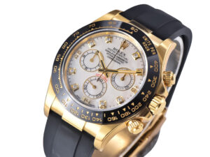 Cosmograph Daytona Yellow Gold watch with Oysterflex strap and white mother of pearl dial, featuring diamond hour markers.