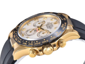 Cosmograph Daytona Yellow Gold watch with Oysterflex strap, white mother-of-pearl dial, and gold accents displayed at angle.
