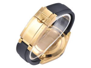 Back view of the Cosmograph Daytona Yellow Gold Oysterflex with closed clasp, showcasing gold accents and black strap.