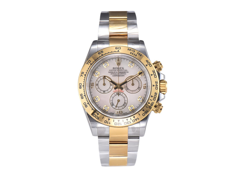 Alt text: Cosmograph Daytona Two Tone Yellow Gold & Steel watch with Diamond Mother of Pearl Dial displayed on a white background.