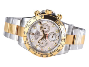 Alt text: Cosmograph Daytona Two Tone Yellow Gold & Steel watch with Diamond Mother of Pearl Dial, showcasing a luxurious design.