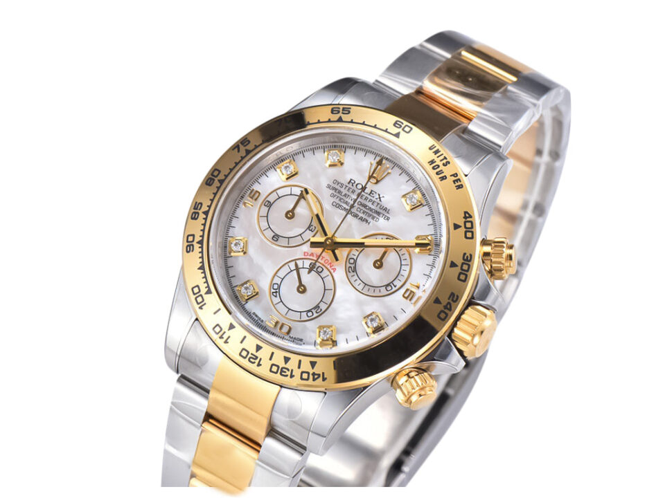 Cosmograph Daytona two-tone yellow gold and steel watch with a diamond mother-of-pearl dial, showcasing luxury design.