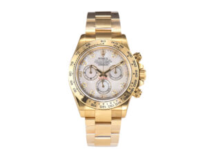 Cosmograph Daytona Yellow Gold Oysterflex with White Mother of Pearl Dial, featuring a gold-tone case and bracelet.