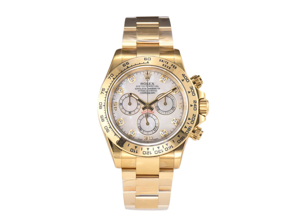 Cosmograph Daytona Yellow Gold Oysterflex with White Mother of Pearl Dial, featuring a gold-tone case and bracelet.