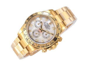 Cosmograph Daytona Yellow Gold with White Mother of Pearl Dial, featuring a luxurious design and high-precision chronograph.