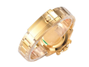 Rear view of Cosmograph Daytona Yellow Gold Oysterflex watch, showcasing the gold clasp and bracelet design.