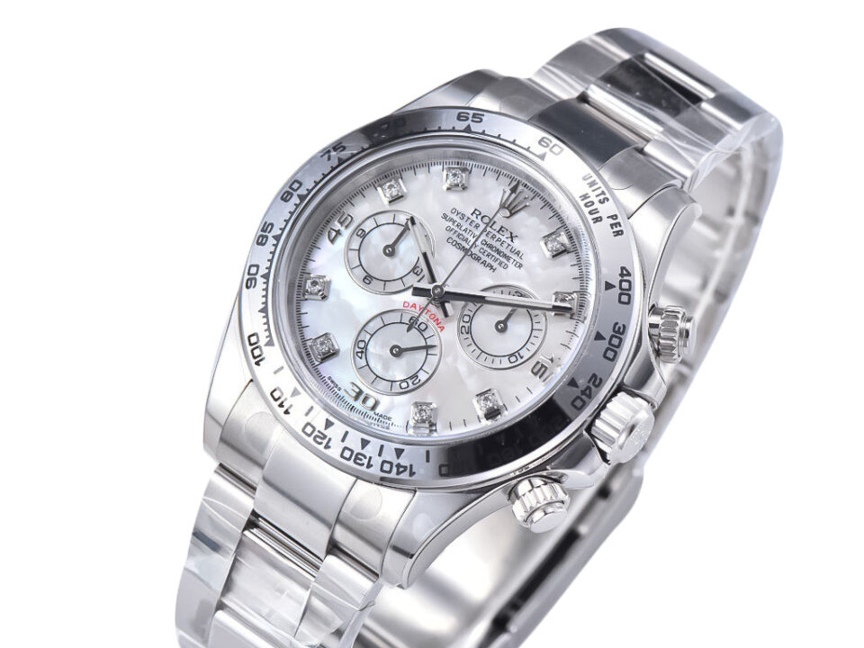Cosmograph Daytona watch in white gold with a white mother-of-pearl dial featuring chronograph counters and a sleek bracelet.